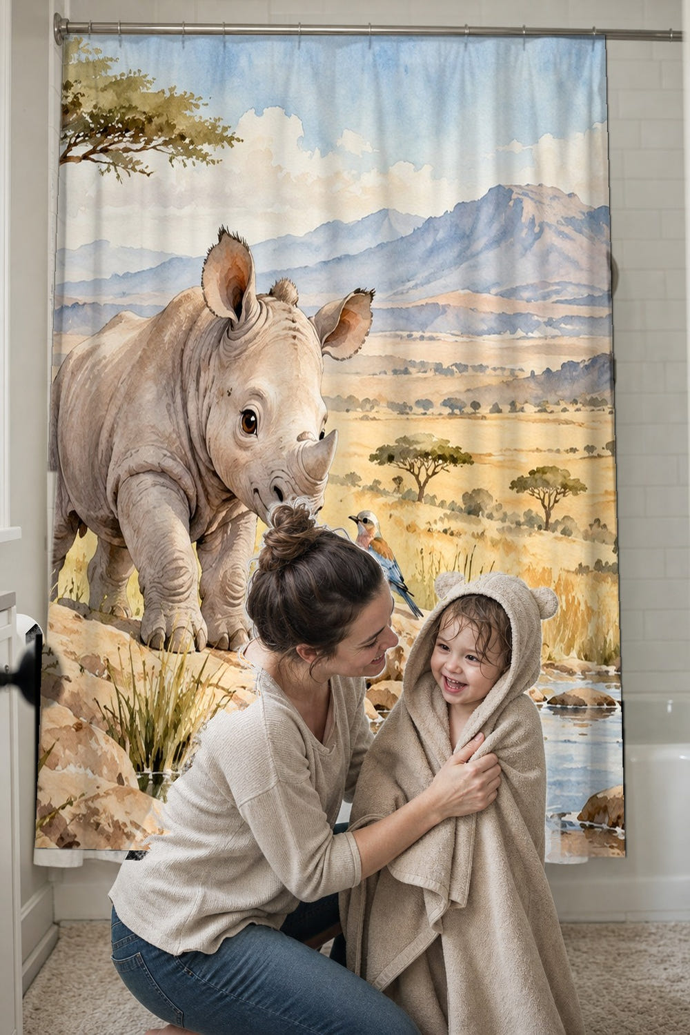 Baby Rhino Safari shower curtain, full front view of the 71 x 74 in fabric curtain