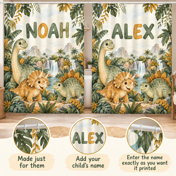 Add your child's name to the Dino Jungle shower curtain