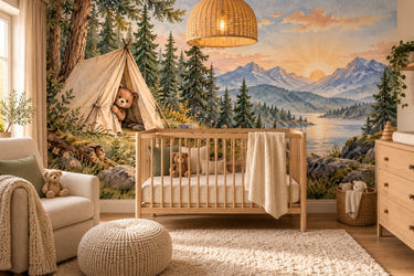 Watercolor Bear Tent Sunrise Camping Wall Mural, image 1
