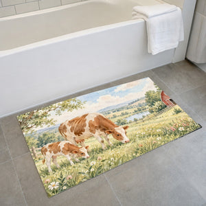 Cow and Calf Farm bath mat on the floor in front of the tub