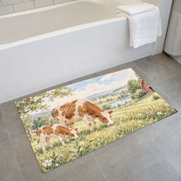 Cow and Calf Farm bath mat on the floor in front of the tub