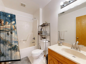 Moonlit Flight shower curtain on a tub shower combo in an American family bathroom