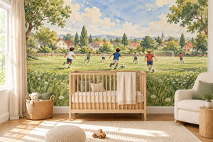Watercolor Kids Playing Soccer Wall Mural, image 1