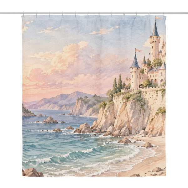 Seaside Castle Fairy Tale shower curtain, full front view of the 71 x 74 in fabric curtain