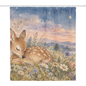 Resting Deer shower curtain, full front view of the 71 x 74 in fabric curtain