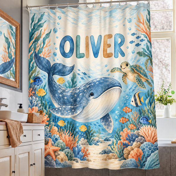 Ocean Adventure personalized kids shower curtain over a bathtub