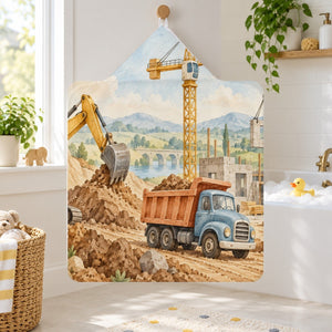 Construction Site kids hooded bath towel hanging in a kids bathroom