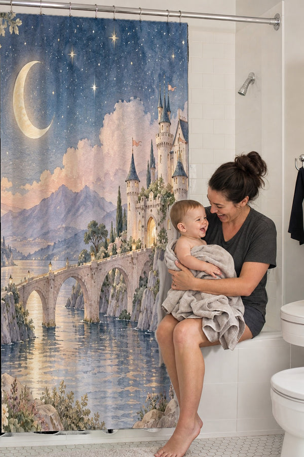 Mom holding her baby on the tub edge next to the Moonlit Castle Fairy Tale shower curtain