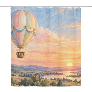 Sunset Flight Hot Air Balloon shower curtain, full front view of the 71 x 74 in fabric curtain