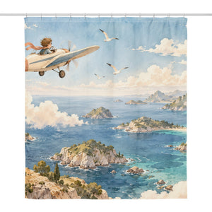 Coastal Explorer shower curtain, full front view of the 71 x 74 in fabric curtain