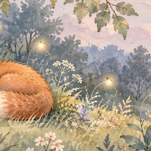Sleepy Fox shower curtain, close up of the watercolor artwork