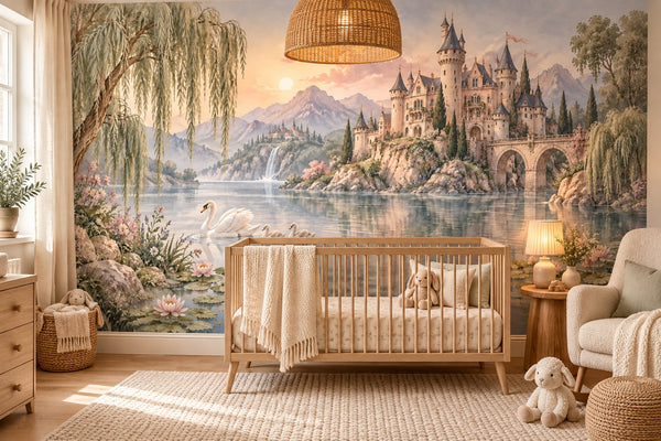 Watercolor Lakeside Castle Fairy Tale Wall Mural, image 1