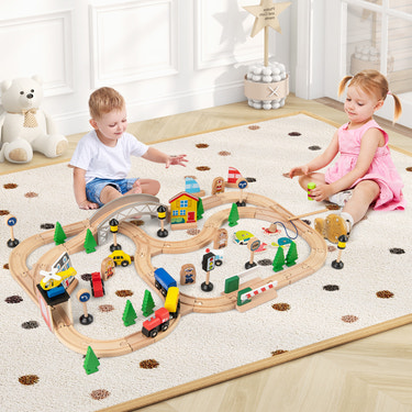 78 Pieces Wooden Train Set Activity Railway Playset for Kids Aged 3+