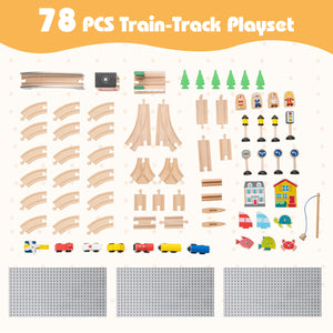 78 Pieces Wooden Train Set Activity Railway Playset for Kids Aged 3+