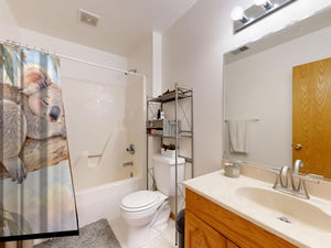 Sleepy Koala shower curtain on a tub shower combo in an American family bathroom
