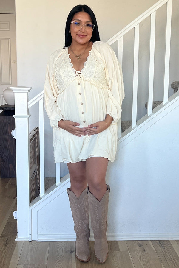 Beige Crochet Lace Button Front Maternity Dress