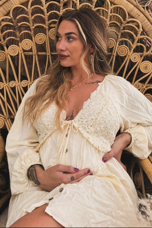 PinkBlush Beige Crochet Lace Button Front Maternity Dress