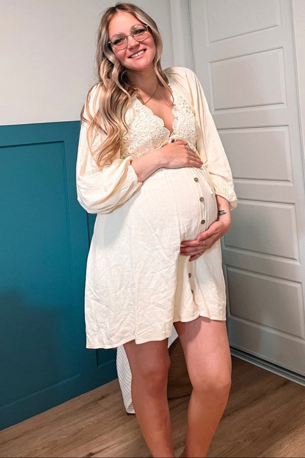 PinkBlush Beige Crochet Lace Button Front Maternity Dress