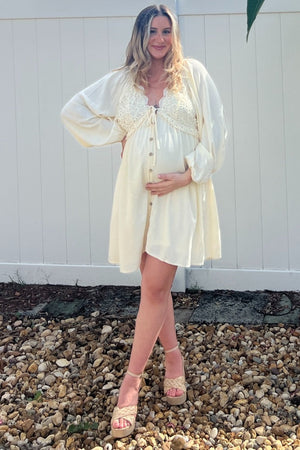 PinkBlush Beige Crochet Lace Button Front Maternity Dress