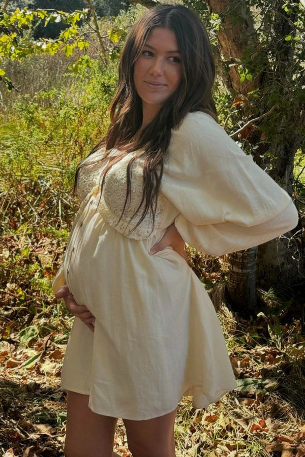PinkBlush Beige Crochet Lace Button Front Maternity Dress