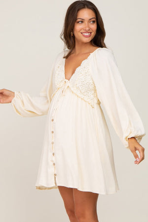 PinkBlush Beige Crochet Lace Button Front Maternity Dress