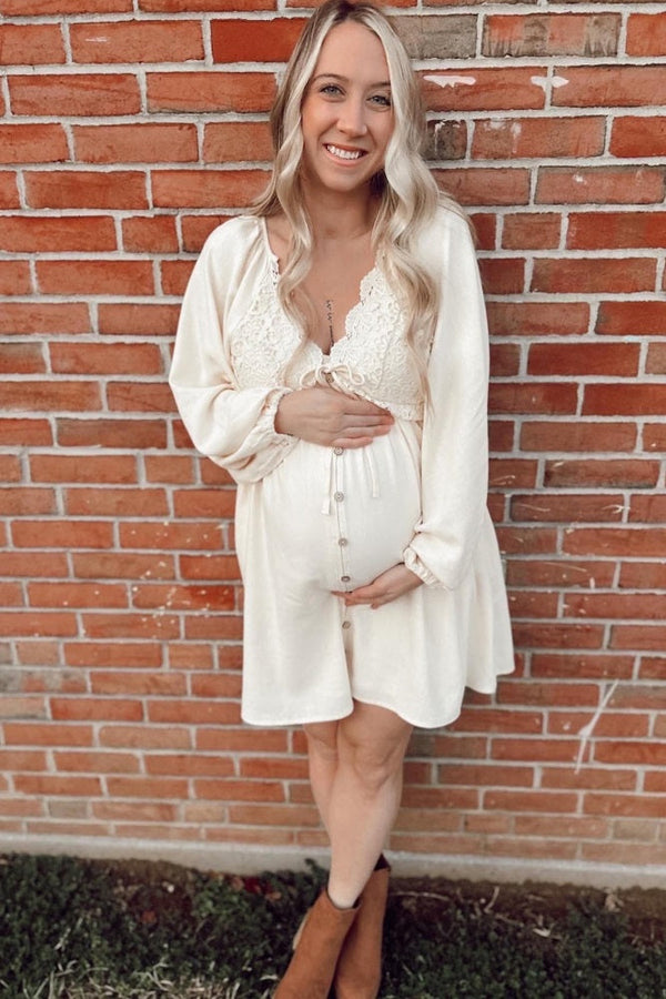 PinkBlush Beige Crochet Lace Button Front Maternity Dress