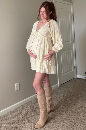 PinkBlush Beige Crochet Lace Button Front Maternity Dress