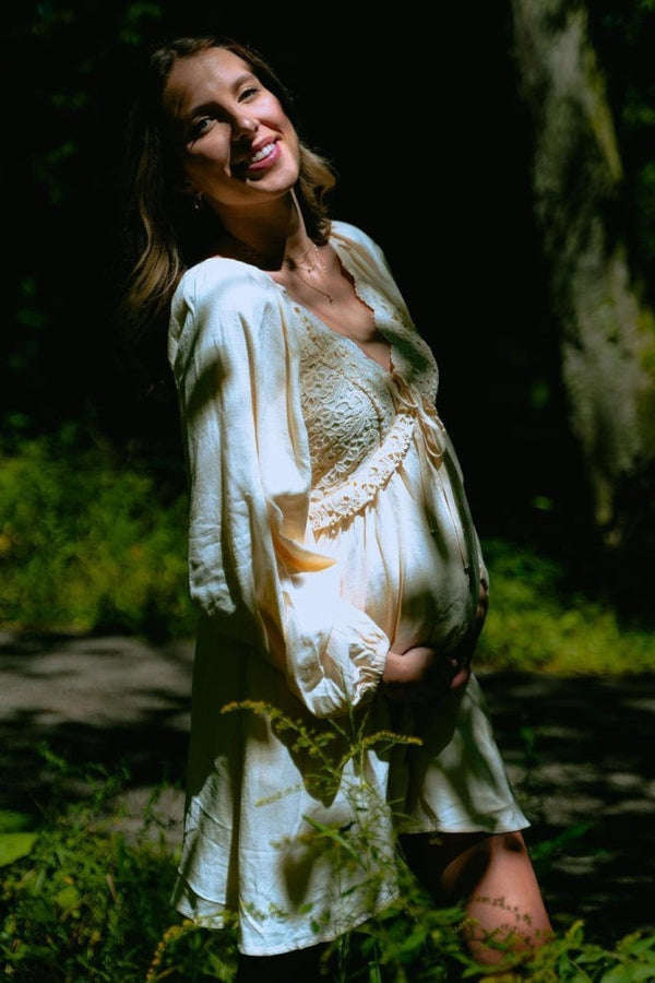 PinkBlush Beige Crochet Lace Button Front Maternity Dress