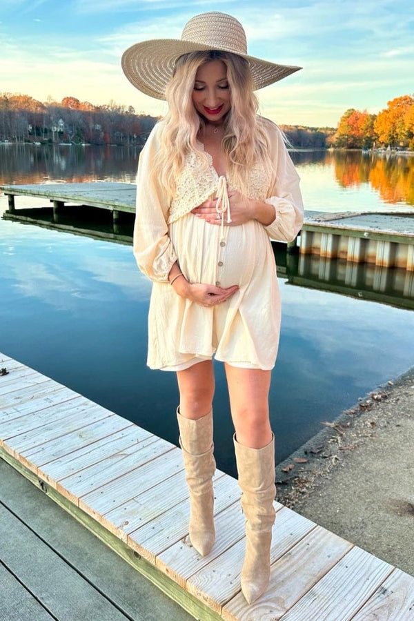 PinkBlush Beige Crochet Lace Button Front Maternity Dress