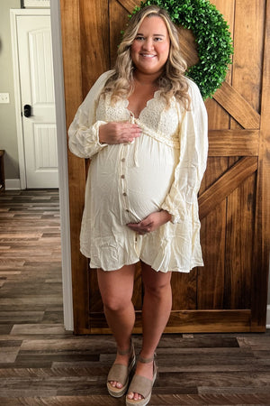 PinkBlush Beige Crochet Lace Button Front Maternity Dress
