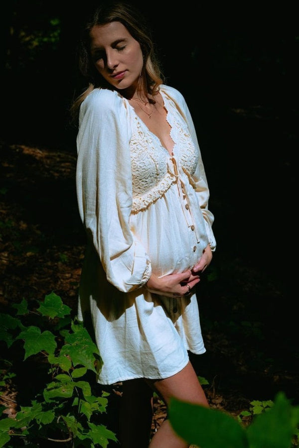 PinkBlush Beige Crochet Lace Button Front Maternity Dress