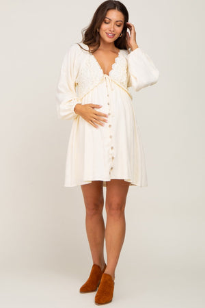 PinkBlush Beige Crochet Lace Button Front Maternity Dress