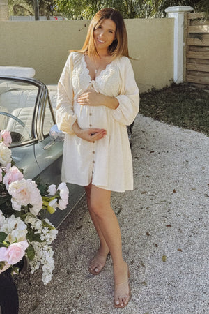 PinkBlush Beige Crochet Lace Button Front Maternity Dress