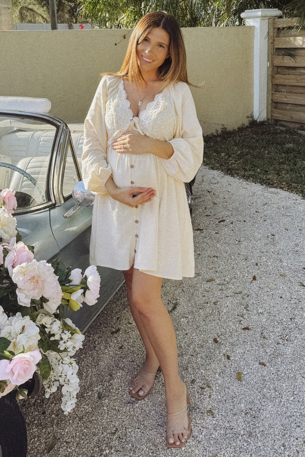 PinkBlush Beige Crochet Lace Button Front Maternity Dress