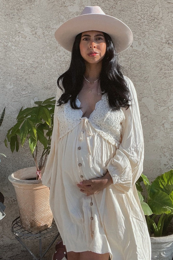 PinkBlush Beige Crochet Lace Button Front Maternity Dress