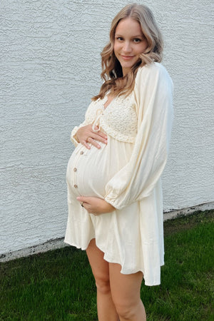 PinkBlush Beige Crochet Lace Button Front Maternity Dress