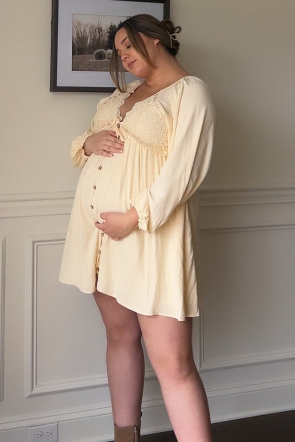PinkBlush Beige Crochet Lace Button Front Maternity Dress