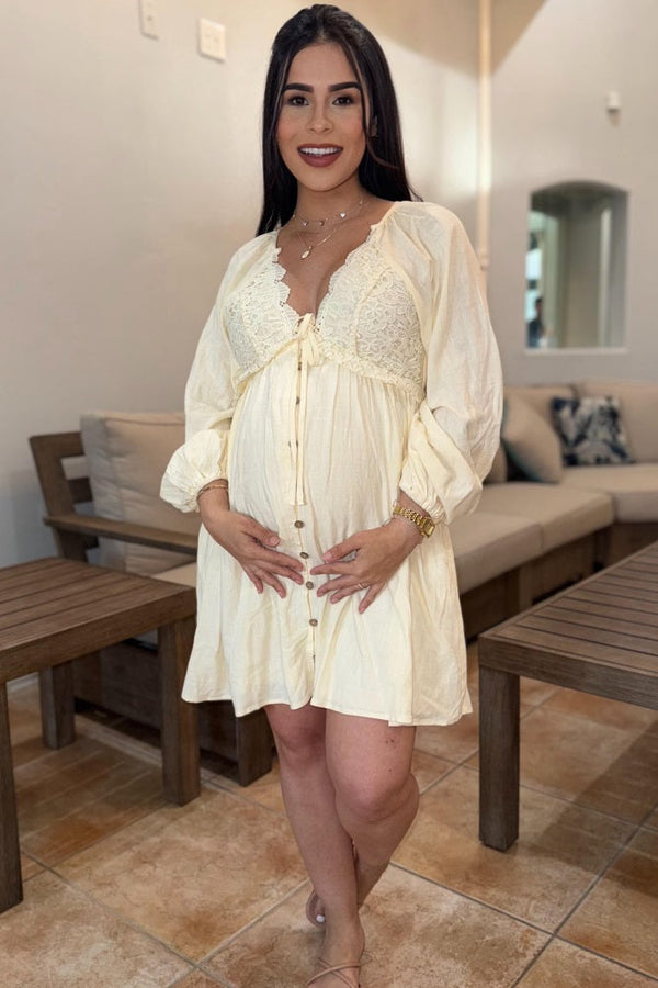 PinkBlush Beige Crochet Lace Button Front Maternity Dress
