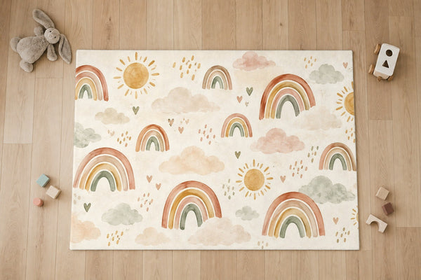 Top view of the Little Rainbows Pattern kids area rug on a wood floor