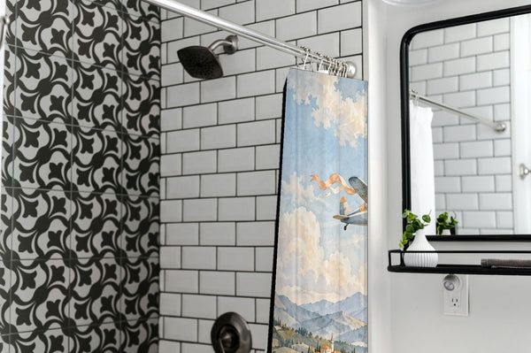 Balloon and Plane shower curtain in a modern farmhouse bathroom with subway tile