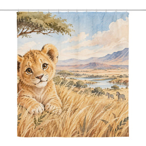 Lion Cub Safari shower curtain, full front view of the 71 x 74 in fabric curtain