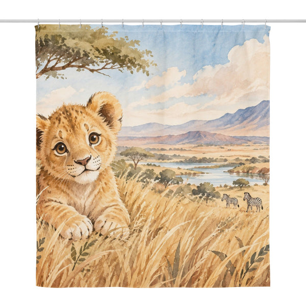 Lion Cub Safari shower curtain, full front view of the 71 x 74 in fabric curtain