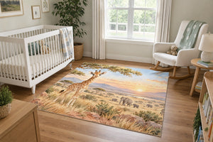 Baby Giraffe Safari area rug in a calm nursery with a white crib