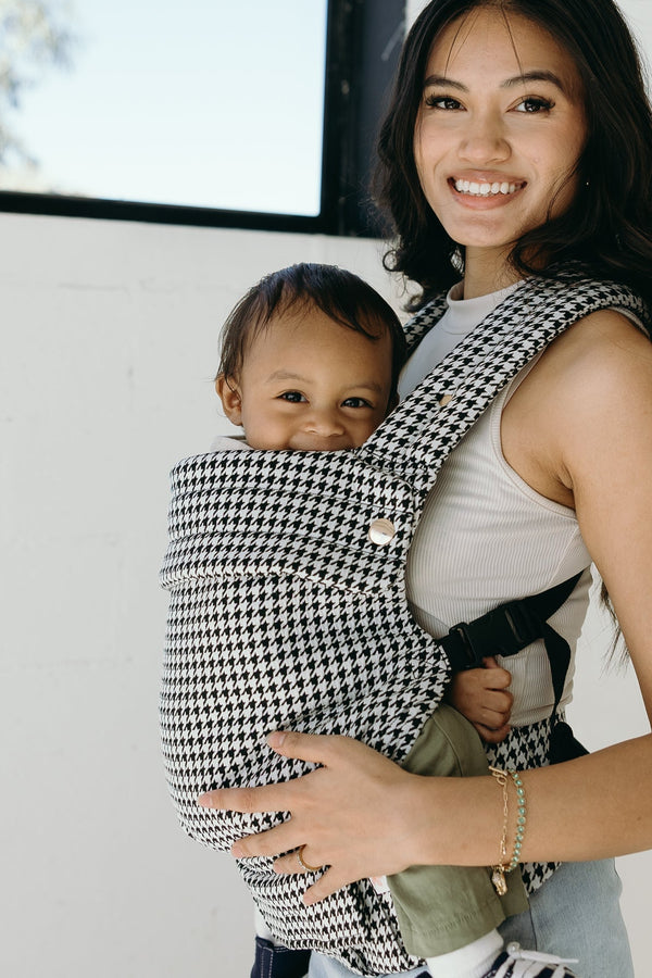 Coco Houndstooth woven jacquard baby carrier for 7-35 lbs, shown from angle 3, stylish and comfortable for parents.