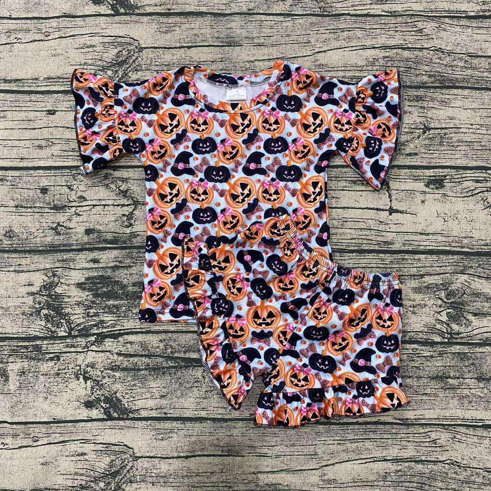 Glitzy pumpkin ruffle set for babies, featuring a stylish two-piece outfit perfect for fall celebrations.
