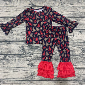 Buffalo plaid two-piece ruffle set featuring trio trees for babies, displayed at angle 3.