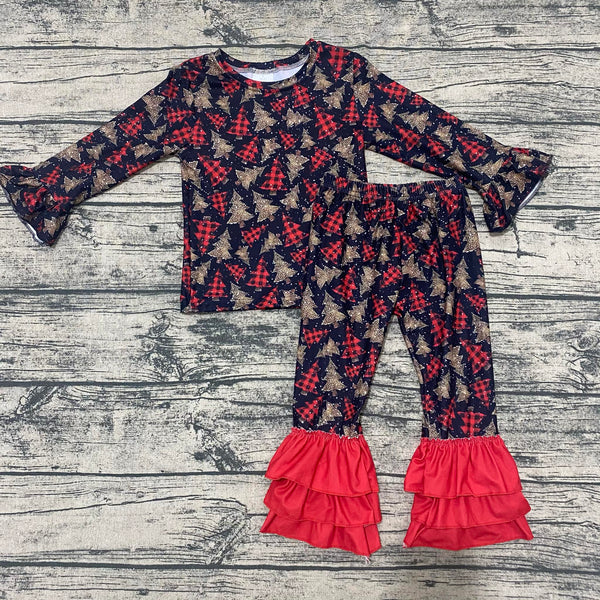 Buffalo plaid two-piece ruffle set featuring trio trees for babies, displayed at angle 3.