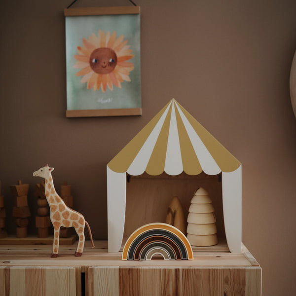 Colorful Rainbow Stacker Toy for babies, showcasing vibrant rings at a 15-degree angle, perfect for early learning play.
