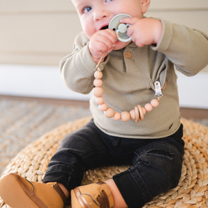 Mustard Silicone Bead & Wood Ring Pacifier Clip