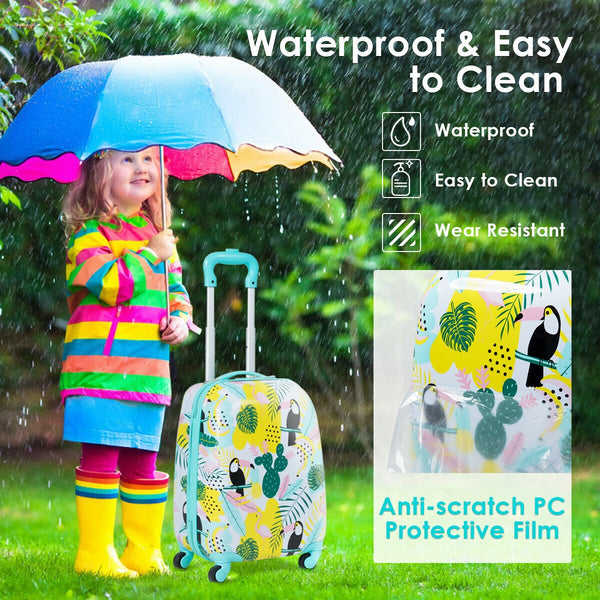 Green ABS kids suitcase set, 12-inch and 16-inch, perfect for travel, shown at a 42-degree angle.